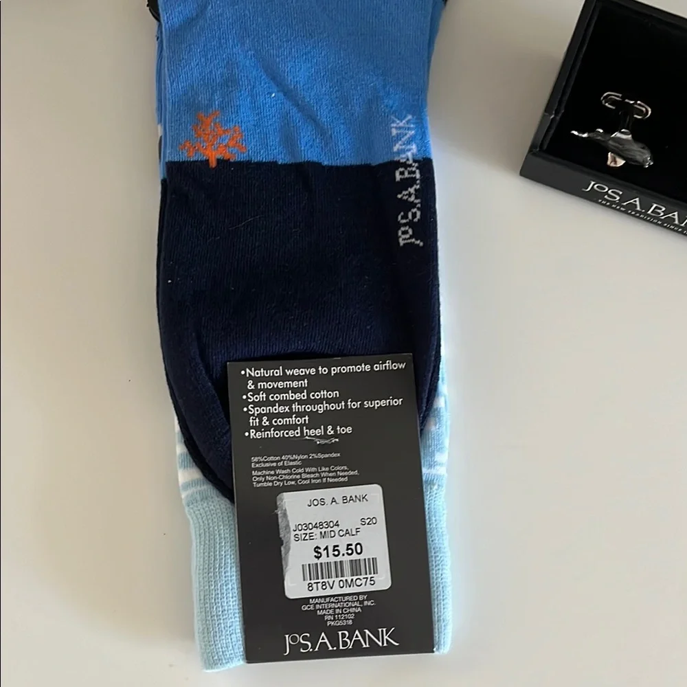 JOS.A. Bank shark cufflink and shark socks, Metcalf combed cotton size8-12